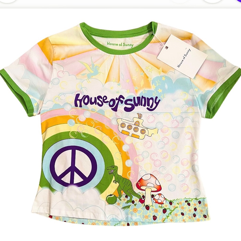 NWT House of Sunny Cropped Tee Mushroom Peace Unicorn Submarine Stars Bubble Sun